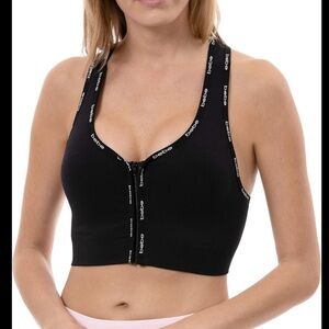 bebe Sport Women's Front Zip Seamless Mini Logo Tape Sport Bra wRemove Cups sz S